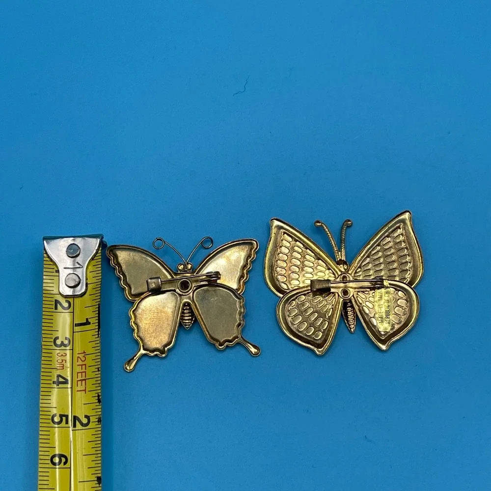 Butterfly Brooch Pin Set Multicolor Enamel Glitter Gold Tone Vintage 2pc 80s 90s